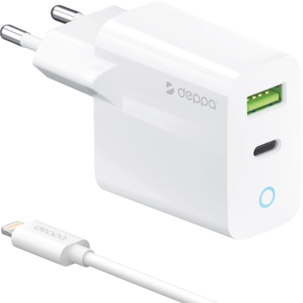 network-charger-deppa-usb-c-usb-a-20w-data-cable-usb-c-lightning-mfi-1.2m-white-11396